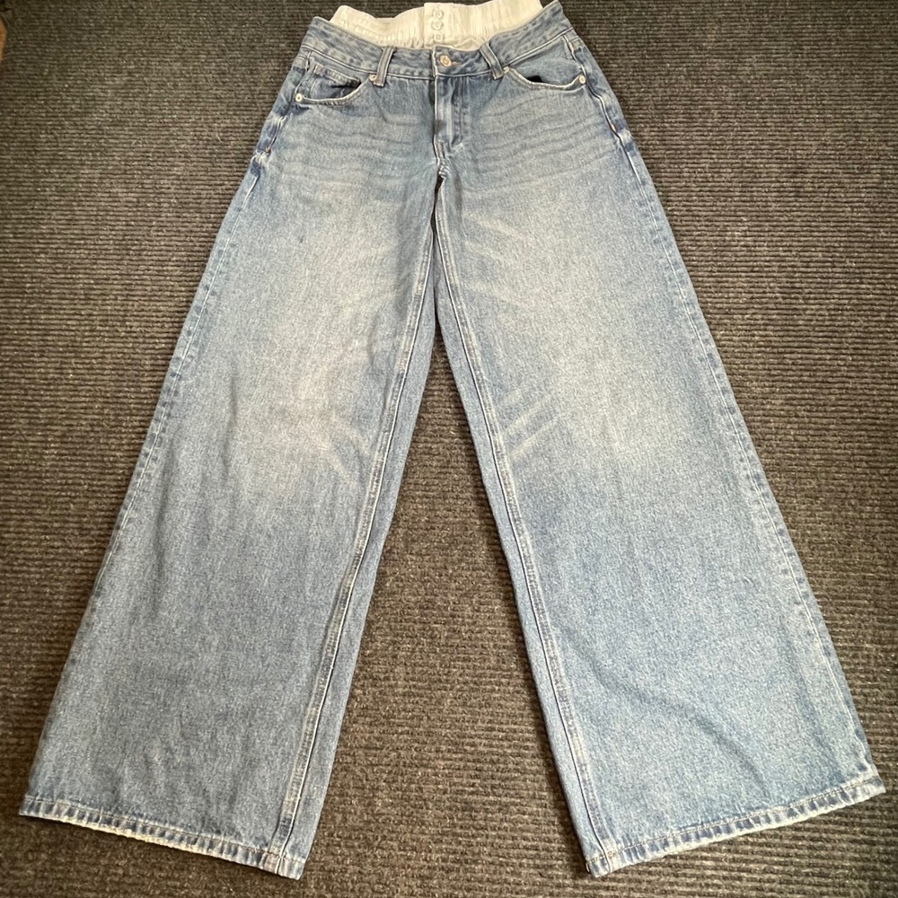 Forever 21 Premium Denim Wide Leg Jeans Light Wash Layered Waistband Womens
